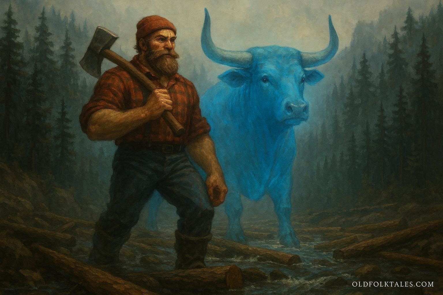Babe the blue ox standing beside Paul Bunyan in a northern forest, glowing faintly in mist and helping move logs