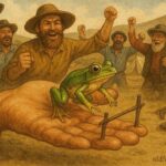Jumper, the frog champion, ready to leap from a miner’s hand while Gold Rush camp spectators cheer in the background