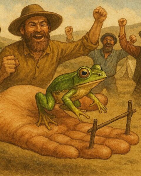 Jumper, the frog champion, ready to leap from a miner’s hand while Gold Rush camp spectators cheer in the background