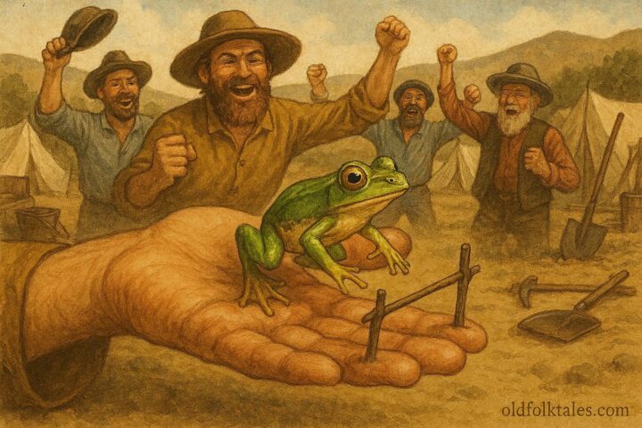 Jumper, the frog champion, ready to leap from a miner’s hand while Gold Rush camp spectators cheer in the background