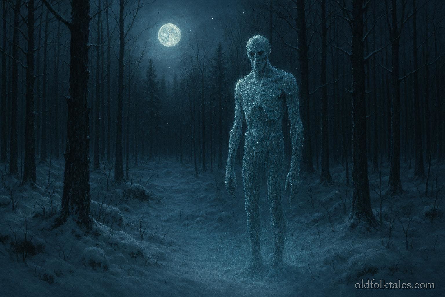 A tall ice covered humanoid creature standing in a snowy forest at night.