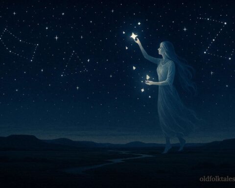 Lakota woman placing fragments of light in the night sky over Northern Plains, creating stars and constellations.