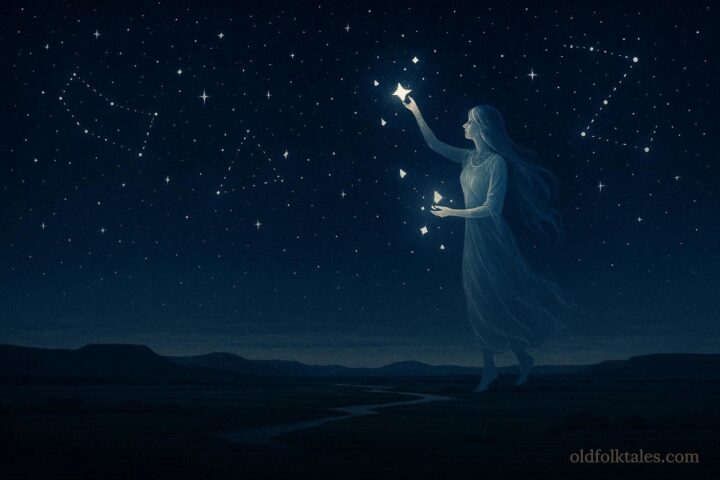 Lakota woman placing fragments of light in the night sky over Northern Plains, creating stars and constellations.