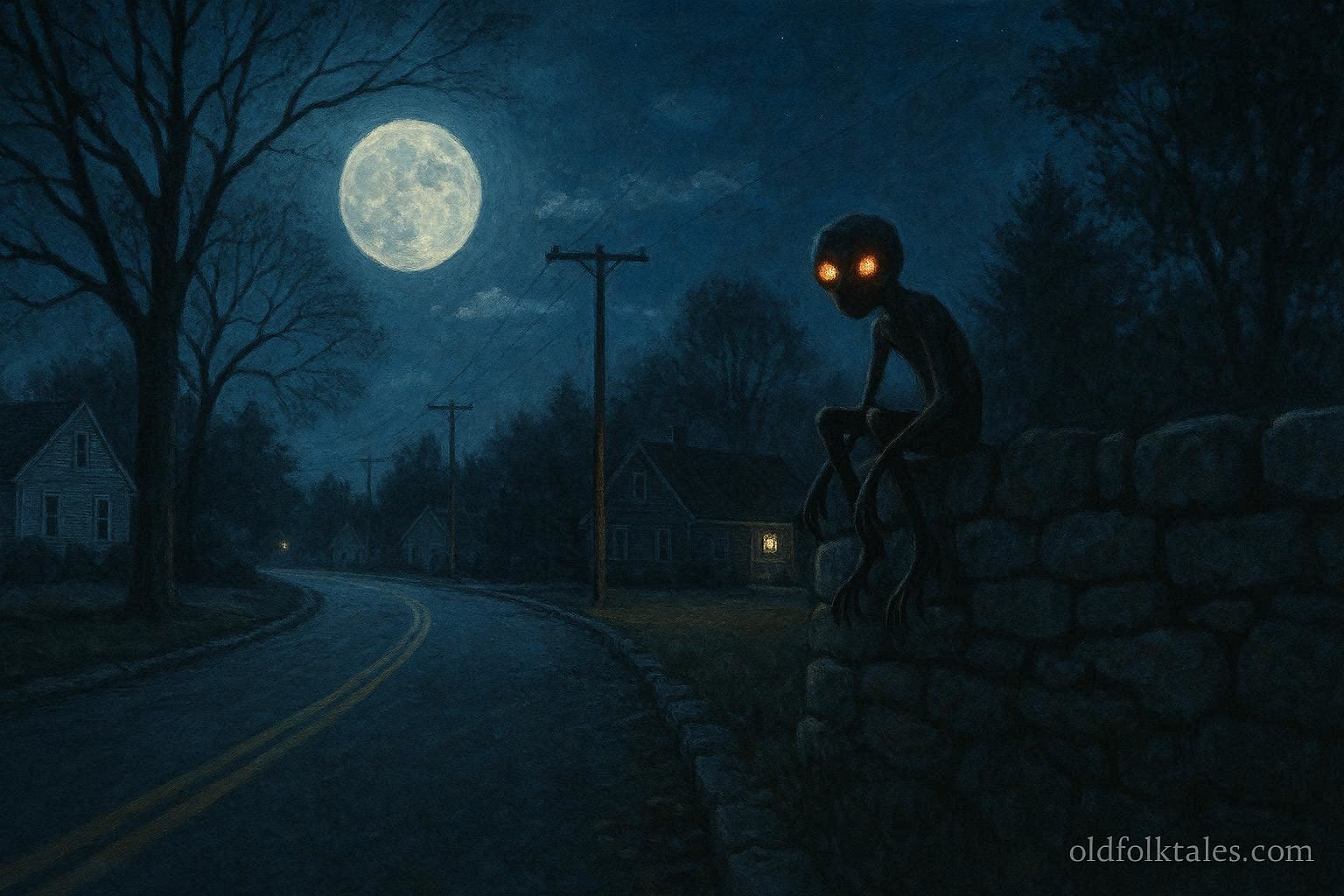 Illustration of the Dover Demon with glowing eyes sitting on a stone wall at night in Massachusetts