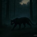 Twilight forest scene with a black panther-like figure with glowing eyes representing the Dover Phantom Panther legend.