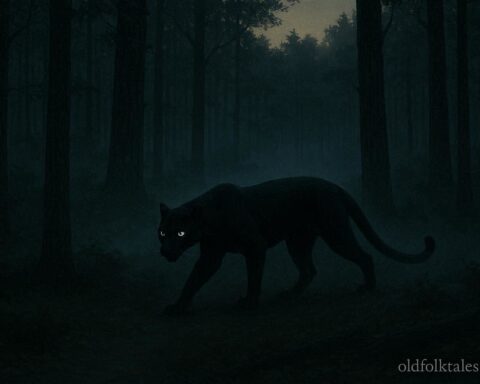 Twilight forest scene with a black panther-like figure with glowing eyes representing the Dover Phantom Panther legend.