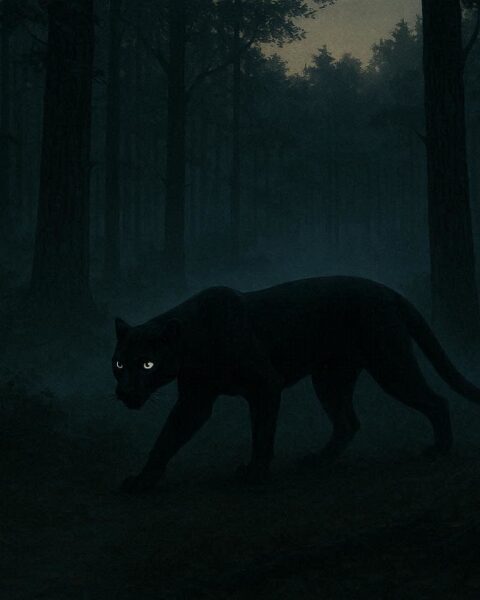 Twilight forest scene with a black panther-like figure with glowing eyes representing the Dover Phantom Panther legend.