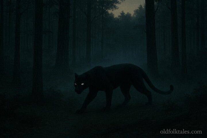 Twilight forest scene with a black panther-like figure with glowing eyes representing the Dover Phantom Panther legend.