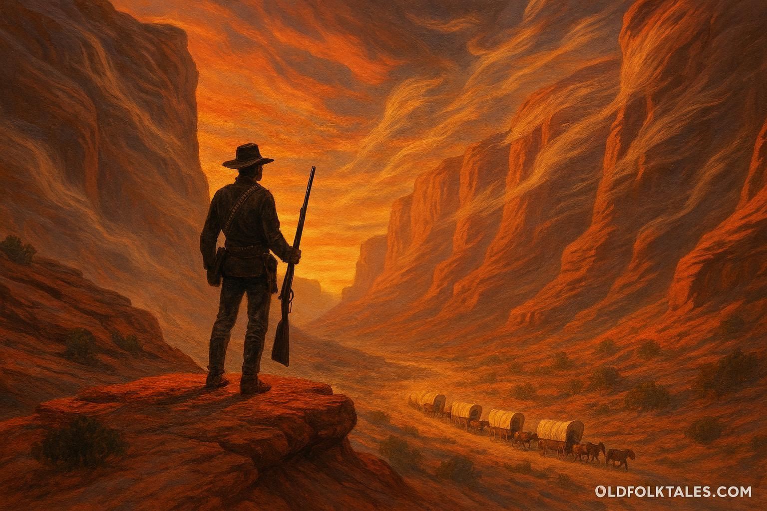 The Echo Canyon Marksman standing on a canyon ridge watching over settlers traveling below