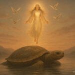 A symbolic scene of a woman descending from the sky toward a giant turtle on calm waters representing the Haudenosaunee creation story.