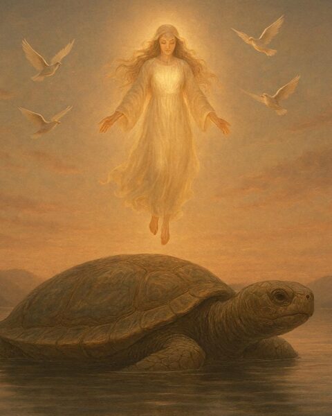 A symbolic scene of a woman descending from the sky toward a giant turtle on calm waters representing the Haudenosaunee creation story.