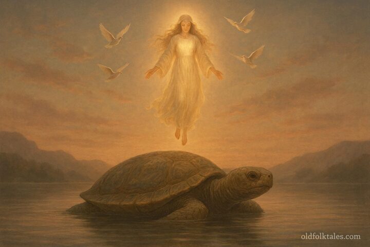 A symbolic scene of a woman descending from the sky toward a giant turtle on calm waters representing the Haudenosaunee creation story.