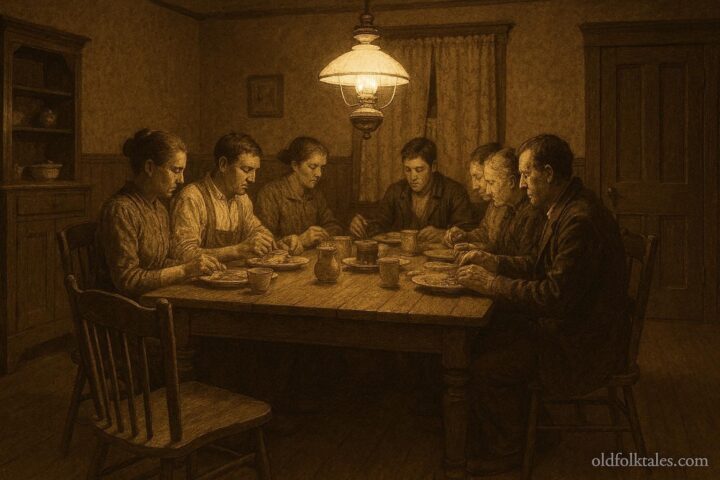 Early twentieth century American dining room with a wooden table, people seated along the sides, and an empty corner chair suggesting the superstition of loneliness