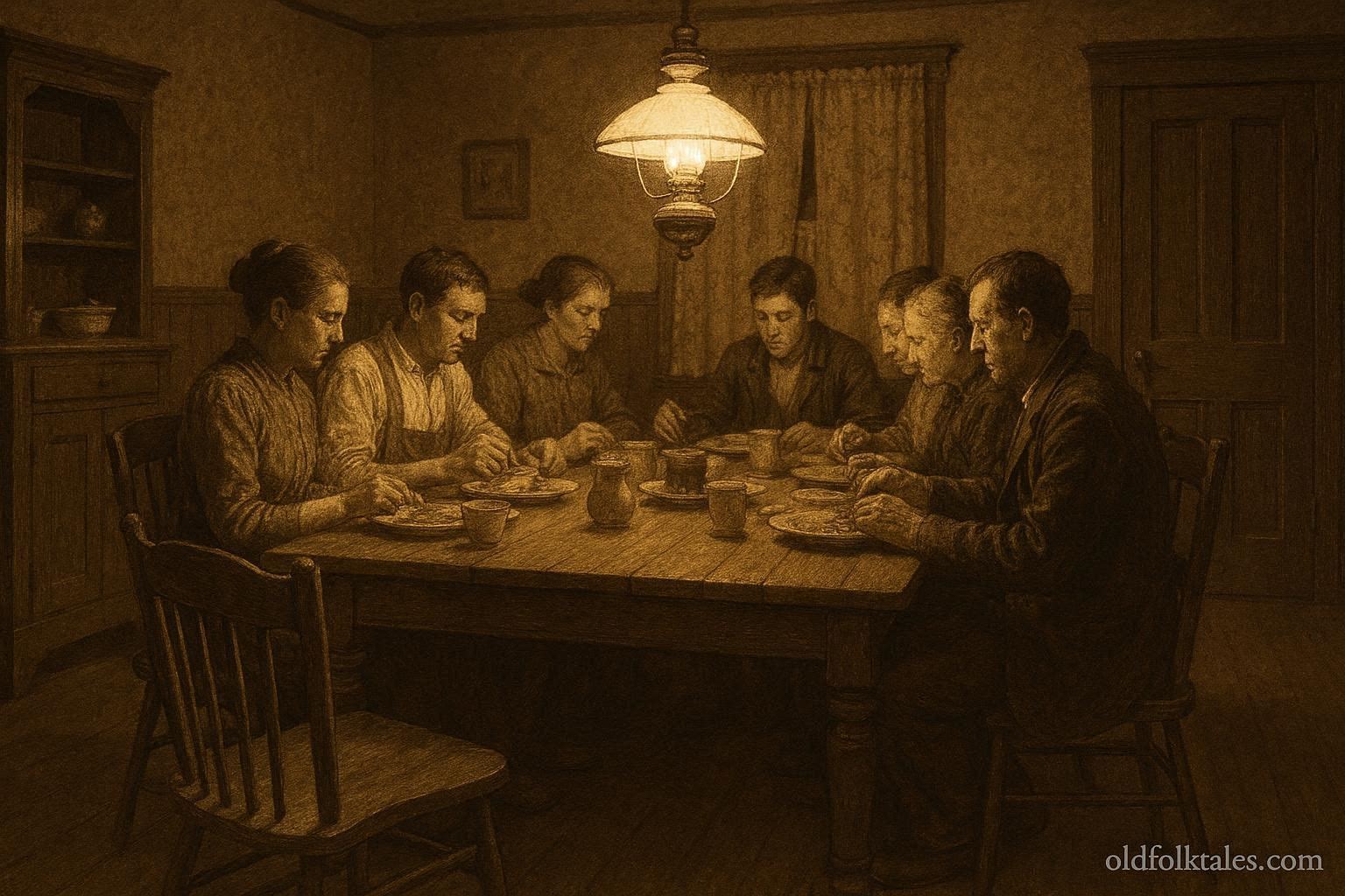 Early twentieth century American dining room with a wooden table, people seated along the sides, and an empty corner chair suggesting the superstition of loneliness