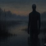 A tall faceless humanoid figure standing silently in a marsh at dusk.