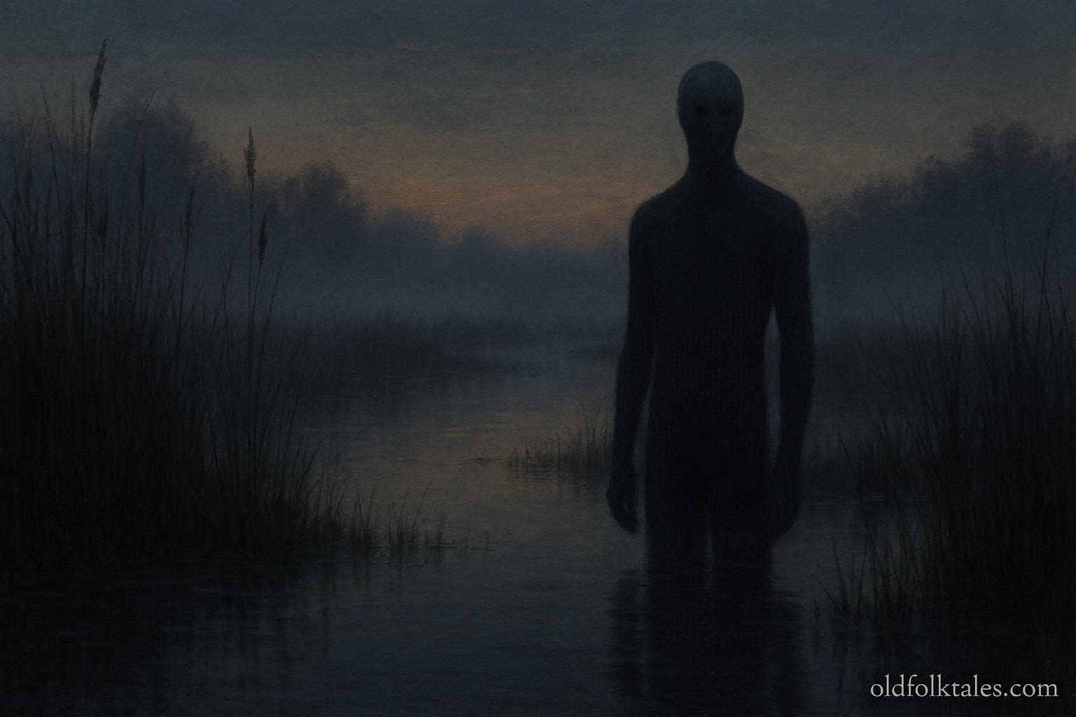 A tall faceless humanoid figure standing silently in a marsh at dusk.