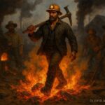 The Firewalker of the Sierra Mines stepping through molten ore while fellow miners look on in awe in a Gold Rush camp