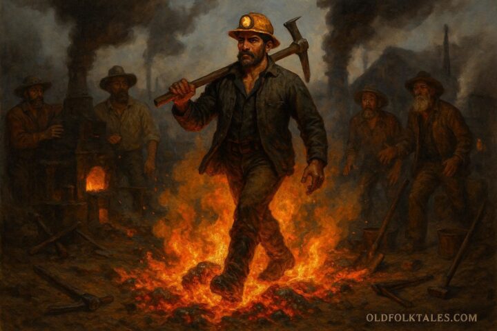 The Firewalker of the Sierra Mines stepping through molten ore while fellow miners look on in awe in a Gold Rush camp