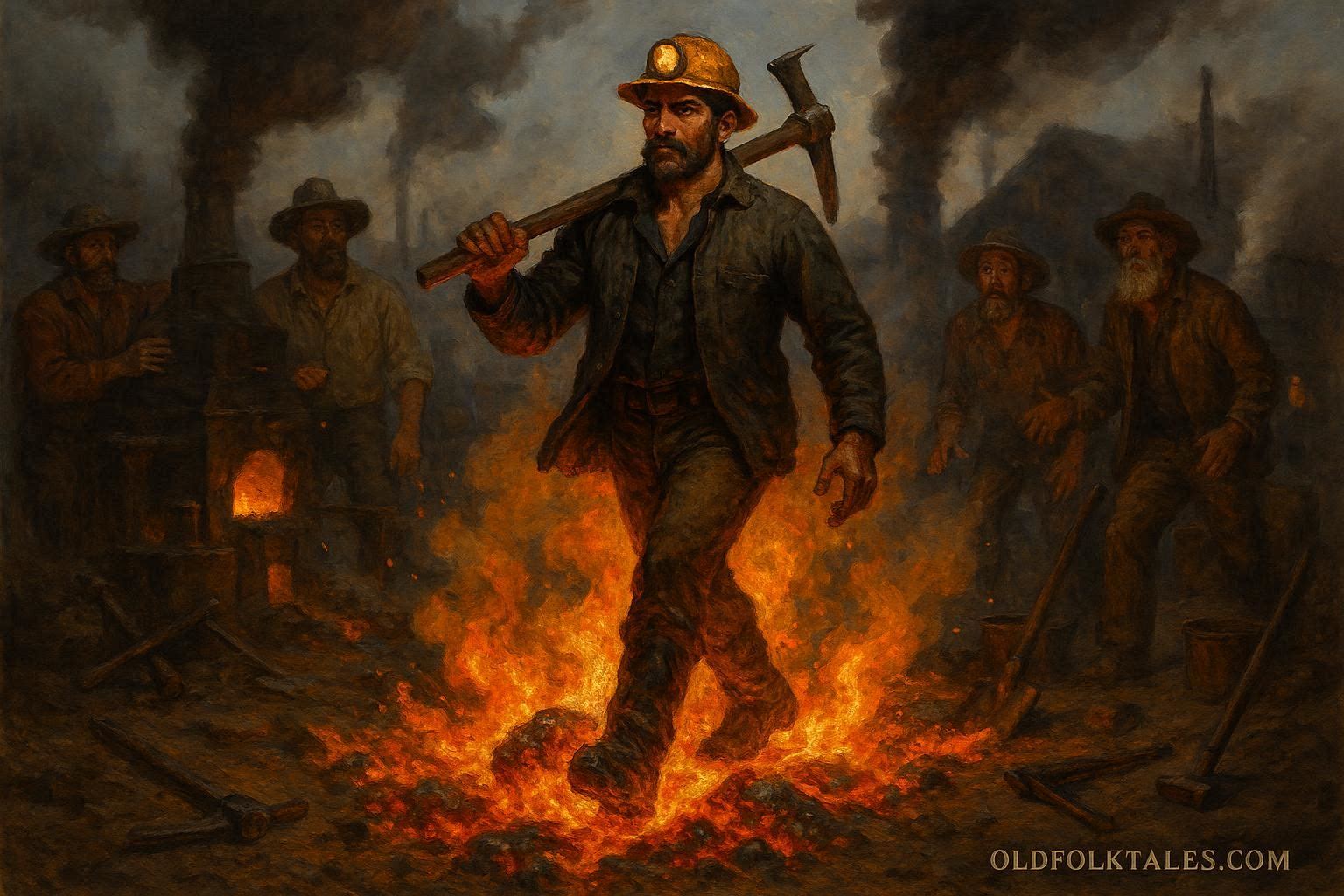 The Firewalker of the Sierra Mines stepping through molten ore while fellow miners look on in awe in a Gold Rush camp