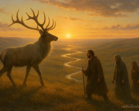 The first elk teaching humans to name features of the land across the northern plains in Blackfoot creation legend.
