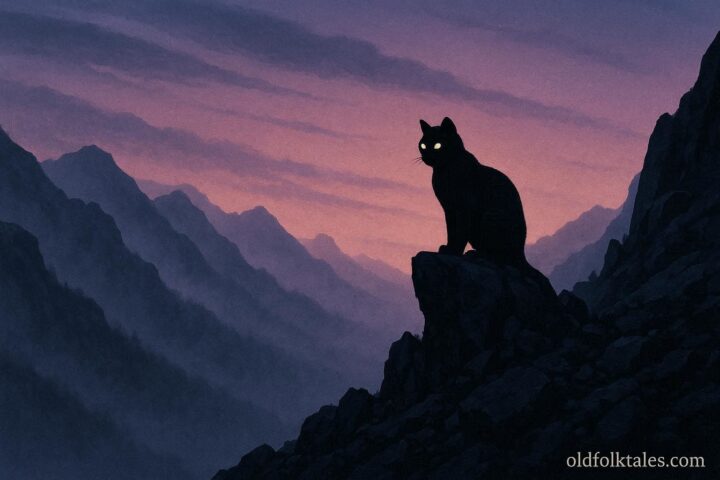 Illustration of the Fossil Ridge Cat, a large black feline standing on a rocky ridge with glowing eyes in the misty Colorado mountains