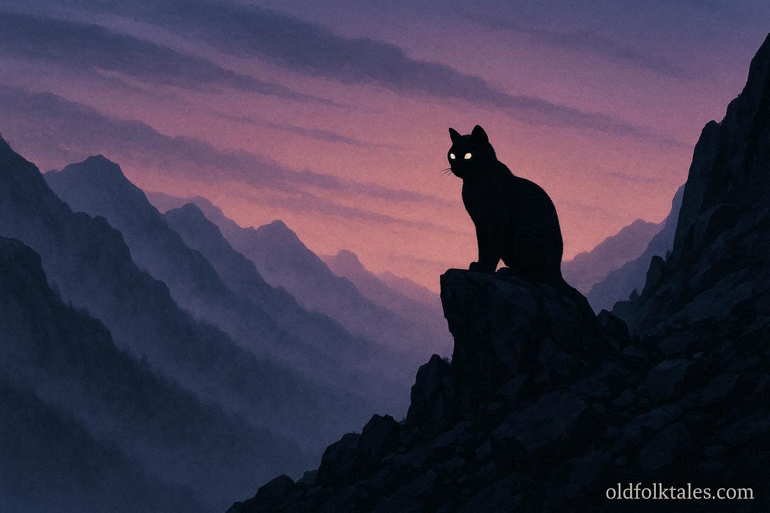 Illustration of the Fossil Ridge Cat, a large black feline standing on a rocky ridge with glowing eyes in the misty Colorado mountains