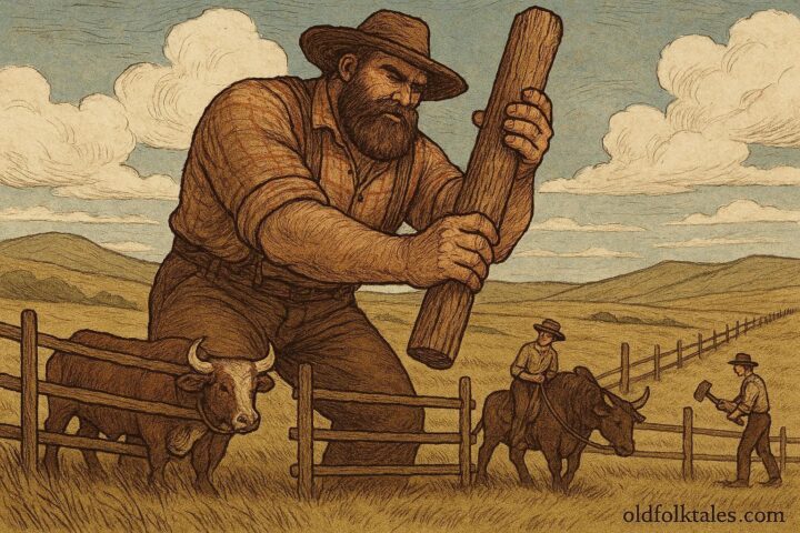 A legendary frontier fence builder lifting enormous posts across the Great Plains, constructing miles of fence with the help of oxen