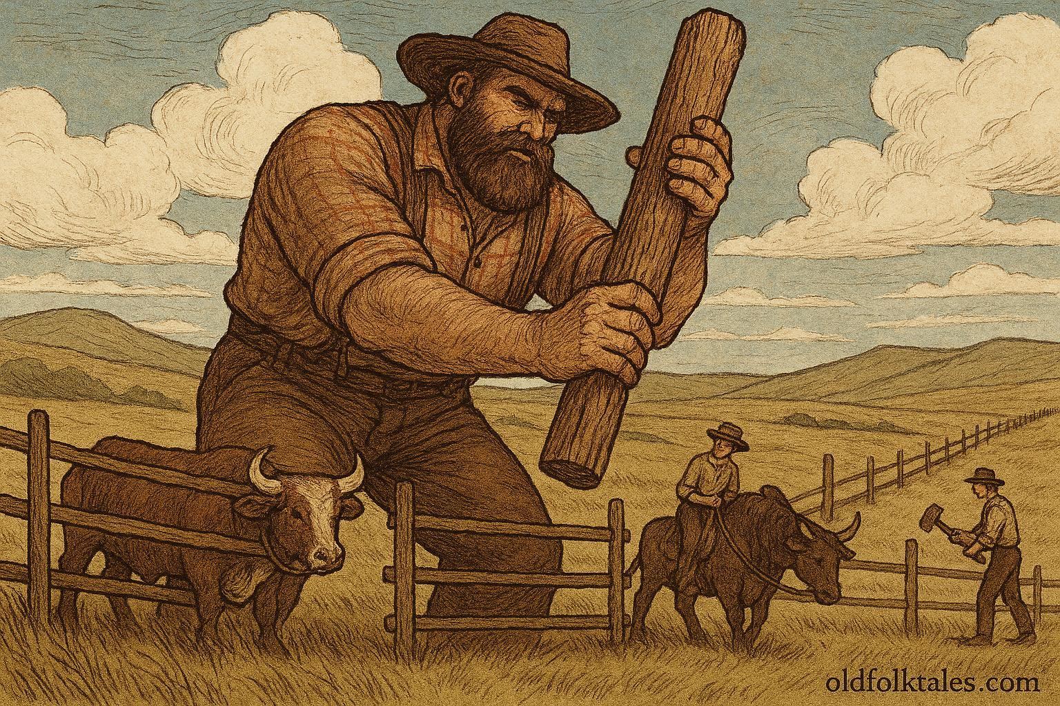 A legendary frontier fence builder lifting enormous posts across the Great Plains, constructing miles of fence with the help of oxen