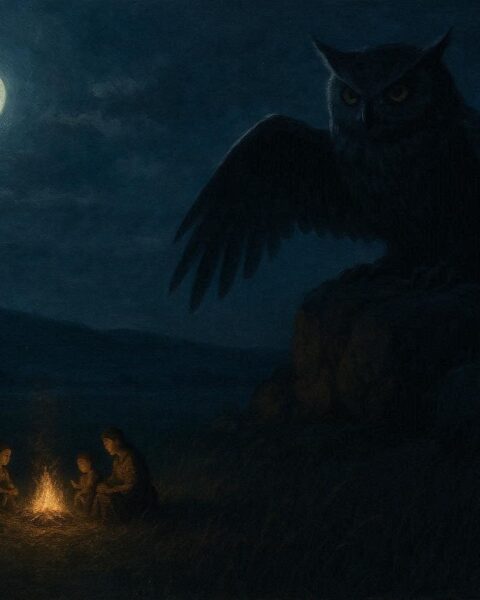 A giant owl like figure watching from a distance over a Plains landscape at night.
