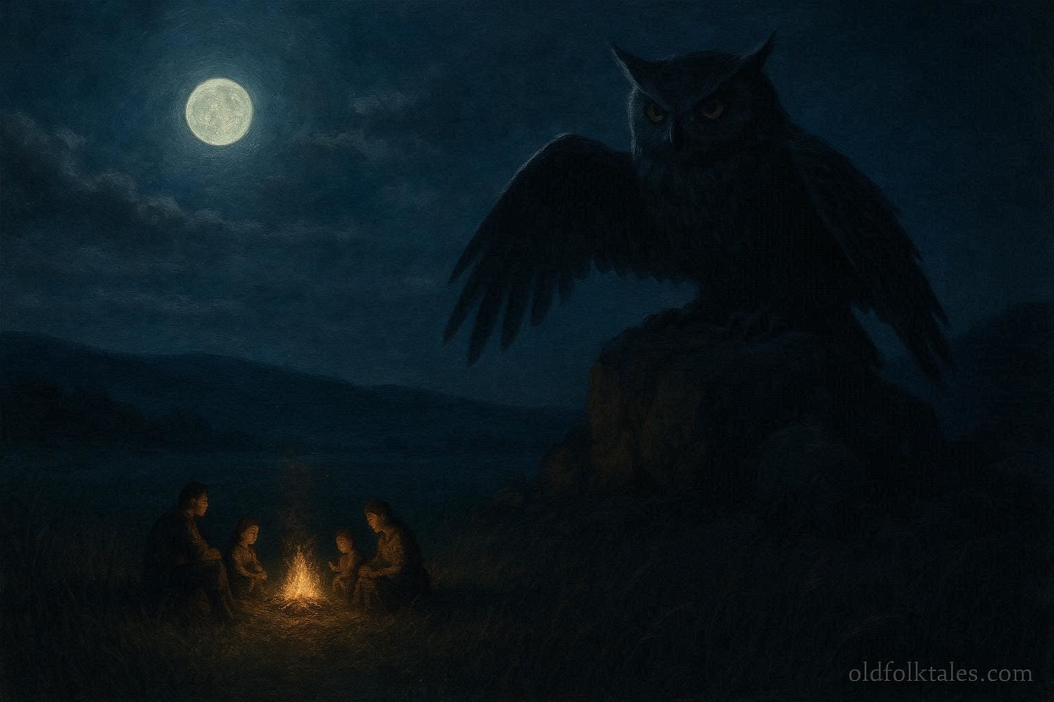 A giant owl like figure watching from a distance over a Plains landscape at night.