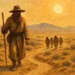 The Great Basin Guide leading lost travelers across the desert, pointing toward hidden water while they follow cautiously