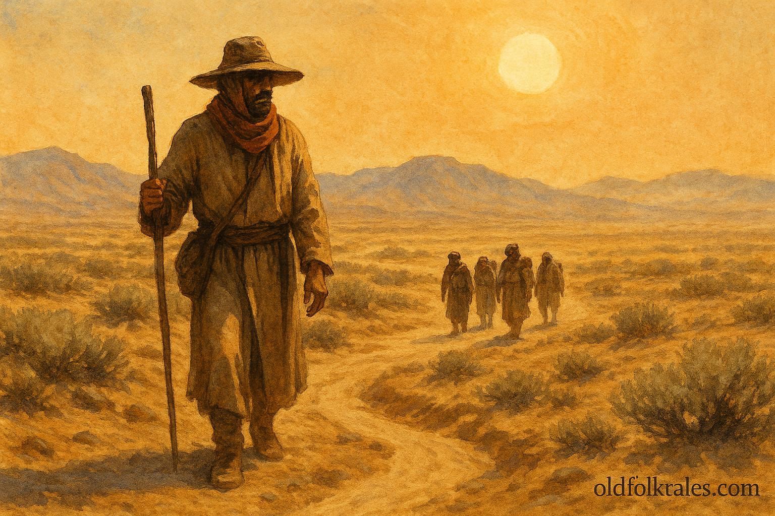 The Great Basin Guide leading lost travelers across the desert, pointing toward hidden water while they follow cautiously