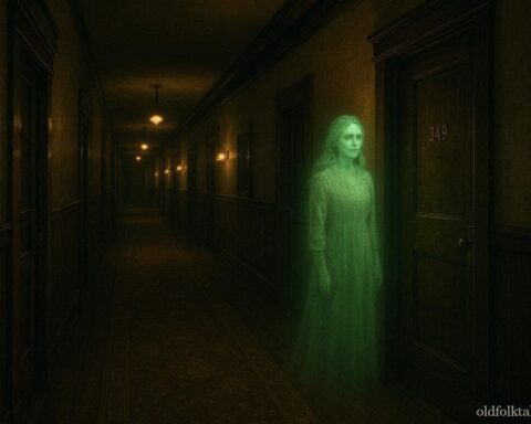 A glowing green female apparition standing in a quiet hotel hallway near Room 349 in a Montana mountain hotel at night.