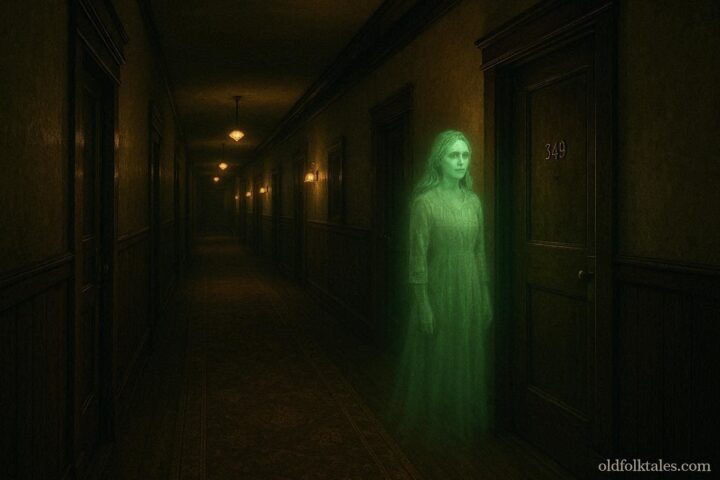 A glowing green female apparition standing in a quiet hotel hallway near Room 349 in a Montana mountain hotel at night.