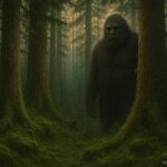 A tall hair covered forest giant standing quietly among dense trees.