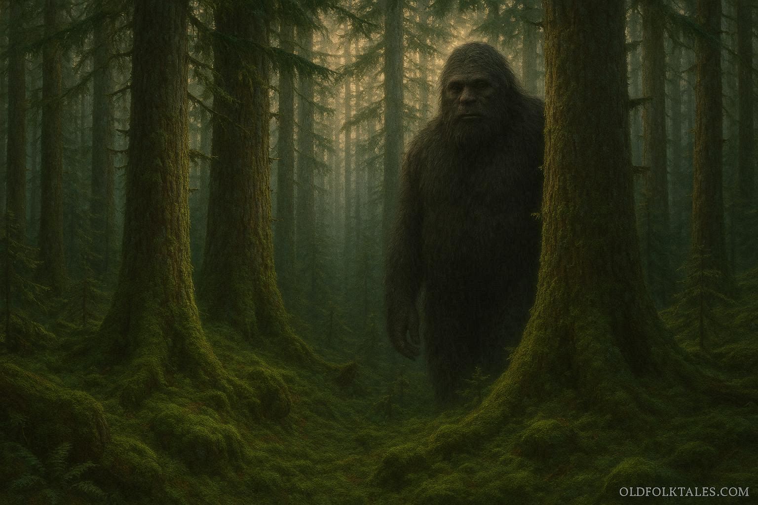 A tall hair covered forest giant standing quietly among dense trees.