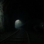 A shadowy reptilian creature with pale eyes lurking inside an abandoned railroad tunnel in southern Indiana, partially illuminated by faint daylight at the entrance.
