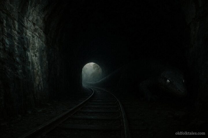 A shadowy reptilian creature with pale eyes lurking inside an abandoned railroad tunnel in southern Indiana, partially illuminated by faint daylight at the entrance.