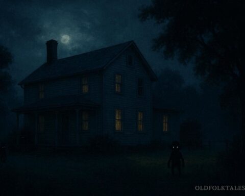 Night view of Hopkinsville farmhouse with small glowing-eyed goblins around yard and windows