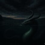 A horned serpent visible beneath dark lake water during an approaching storm.
