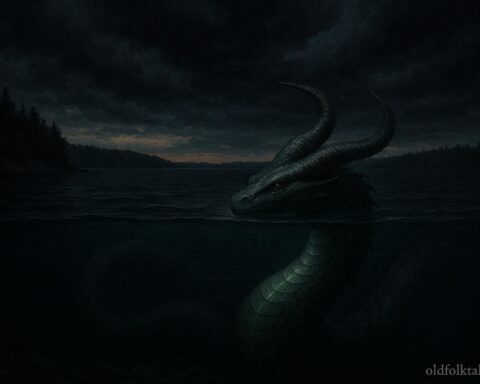 A horned serpent visible beneath dark lake water during an approaching storm.