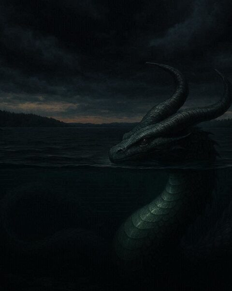 A horned serpent visible beneath dark lake water during an approaching storm.