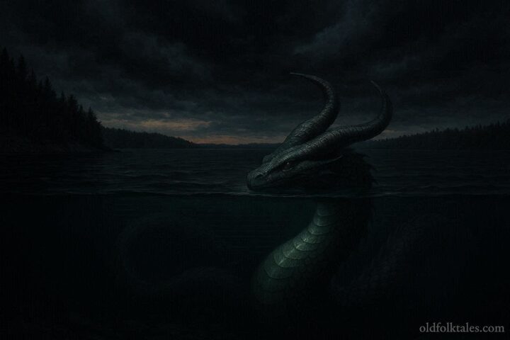 A horned serpent visible beneath dark lake water during an approaching storm.