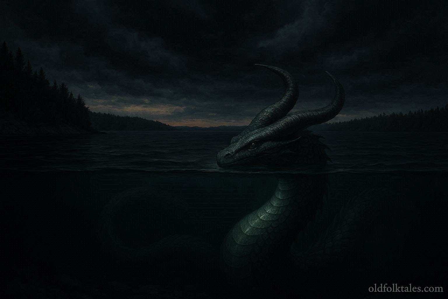 A horned serpent visible beneath dark lake water during an approaching storm.
