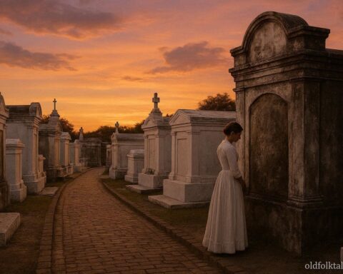 White above ground tombs at St. Louis Cemetery No. 1 at sunset with a woman in a white 19th century dress standing respectfully near a tomb, evoking the legend of Marie Laveau.