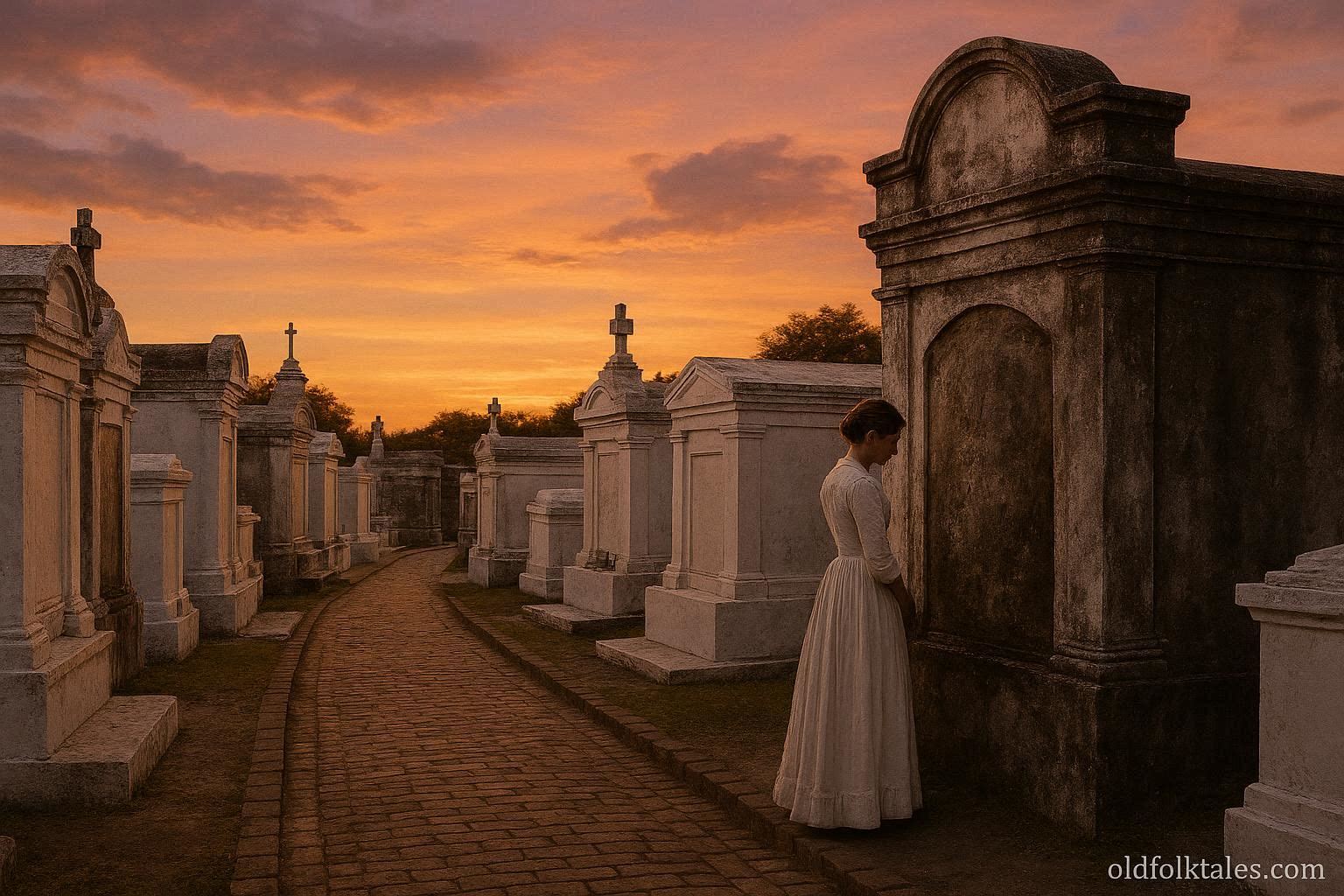 White above ground tombs at St. Louis Cemetery No. 1 at sunset with a woman in a white 19th century dress standing respectfully near a tomb, evoking the legend of Marie Laveau.