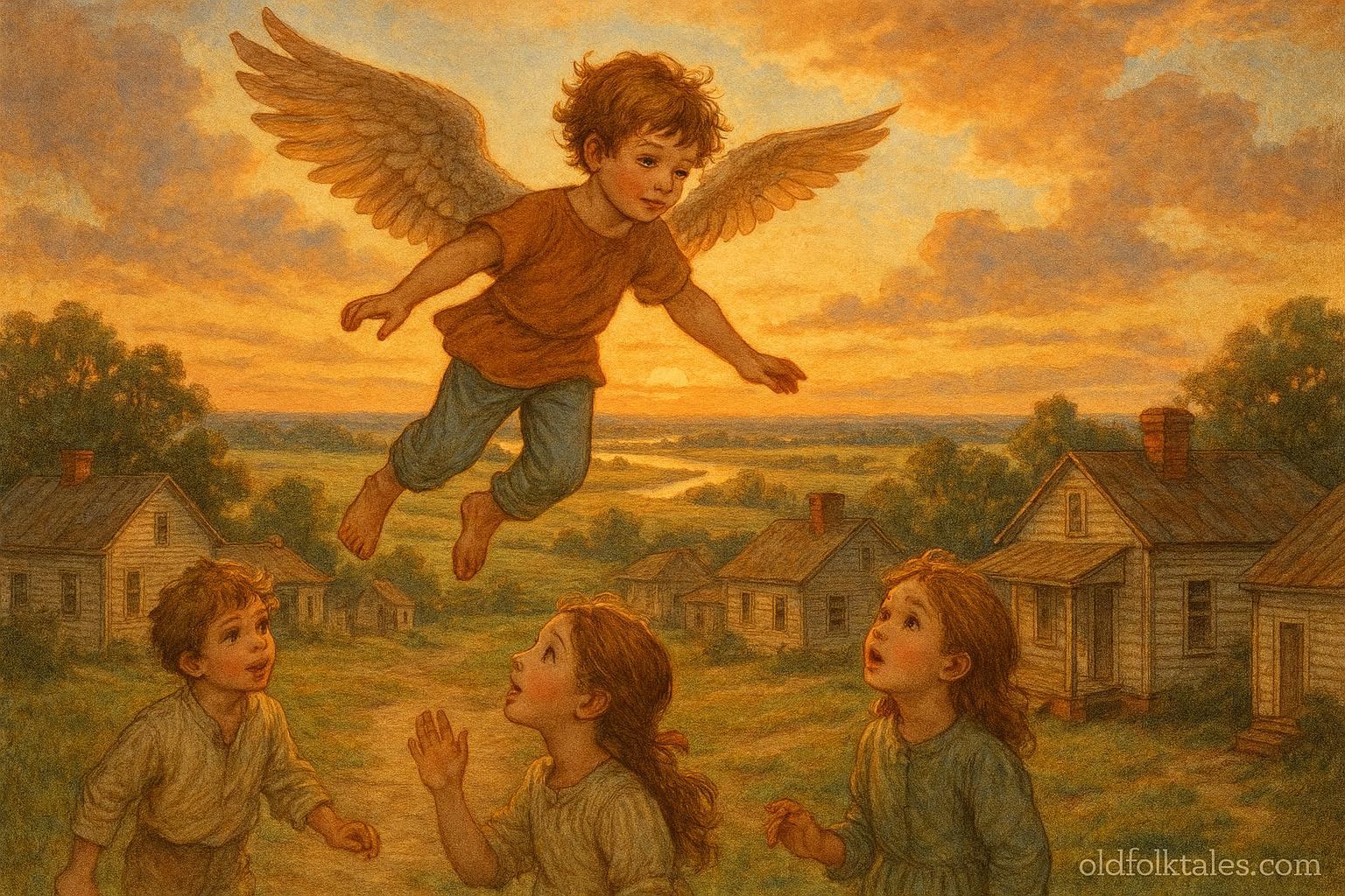 A young boy with wings flying above a Southern village at sunset while children watch from below.