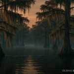 Misty South Carolina swamp with cypress trees and hanging moss, representing the Lizard Man of Scape Ore Swamp legend.