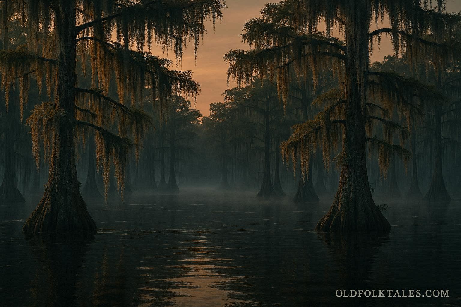 Misty South Carolina swamp with cypress trees and hanging moss, representing the Lizard Man of Scape Ore Swamp legend.