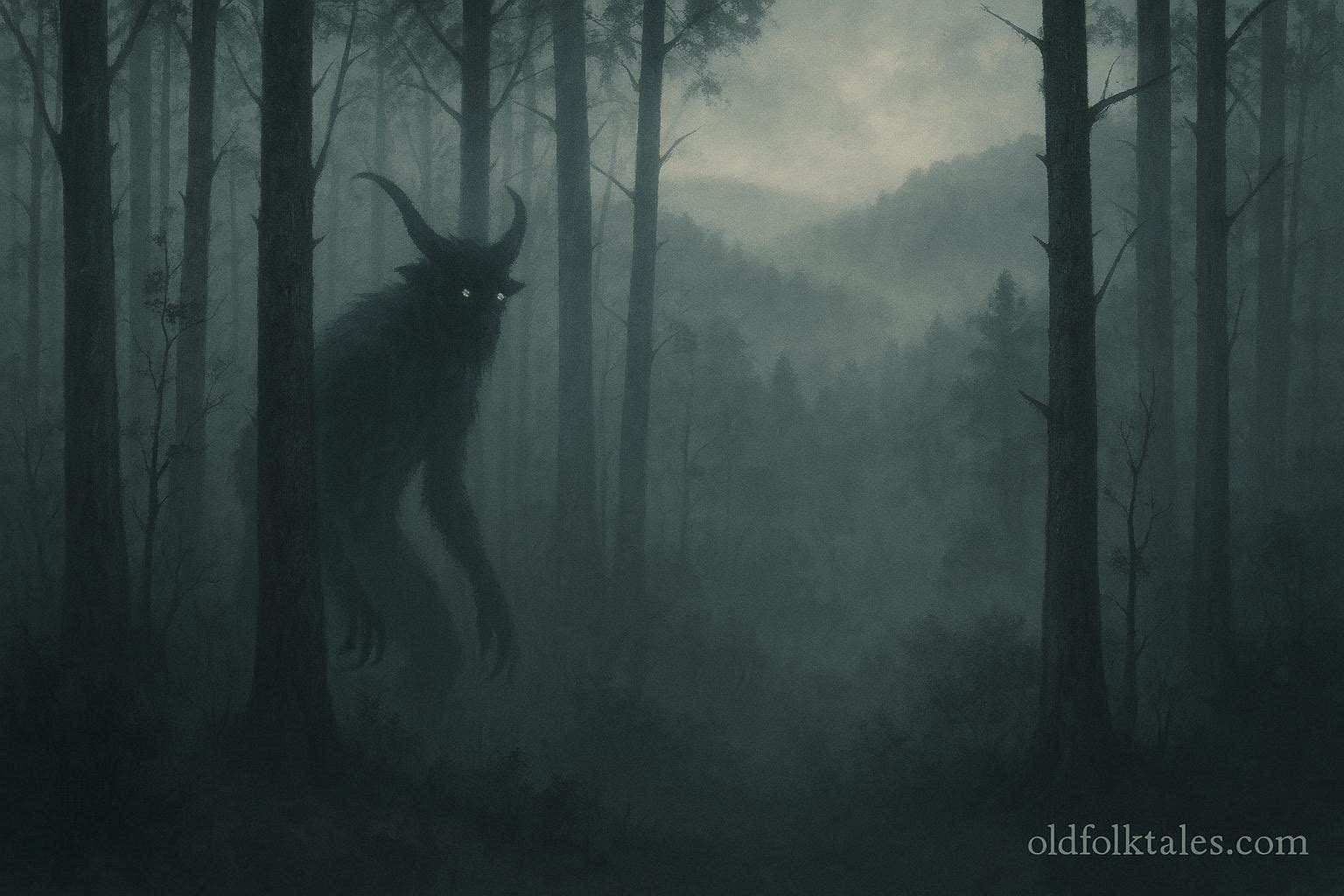 Illustration of the Lougarou, a goat‑like humanoid with glowing eyes hiding in the foggy Ozark forest